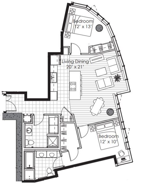 Floor plan for 2 beds, 2 baths, 1107 sqft